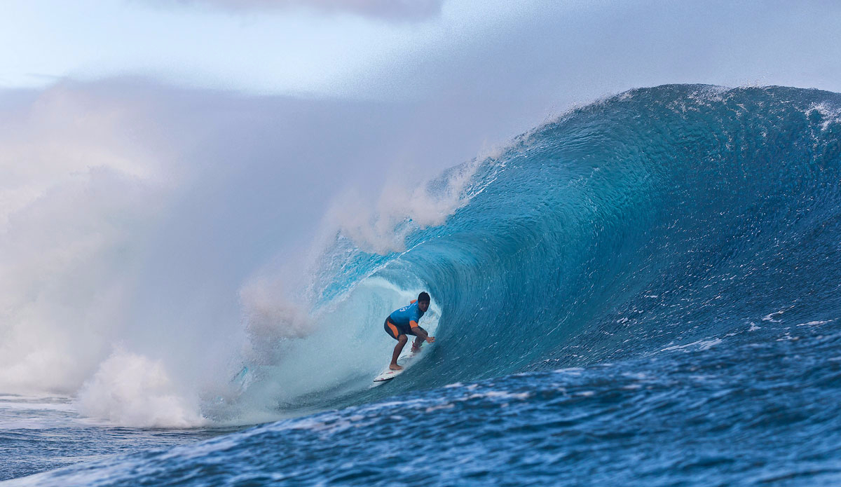 Gabriel Medina of Maresias, Sao Paulo, Brazil (pictured) winning in Round 4 of the Billabong Pro Tahiti with a heat total of 17.64 points (out of a possible 20.00) which included a near perfect 9.97 point ride (out of a possible 10.00) to advance in to the Quarter Finals at Teahupoo. Photo: <a href=\"https://www.worldsurfleague.com/\">WSL</a>/<a href=\"https://instagram.com/kc80/\">Cestari</a>