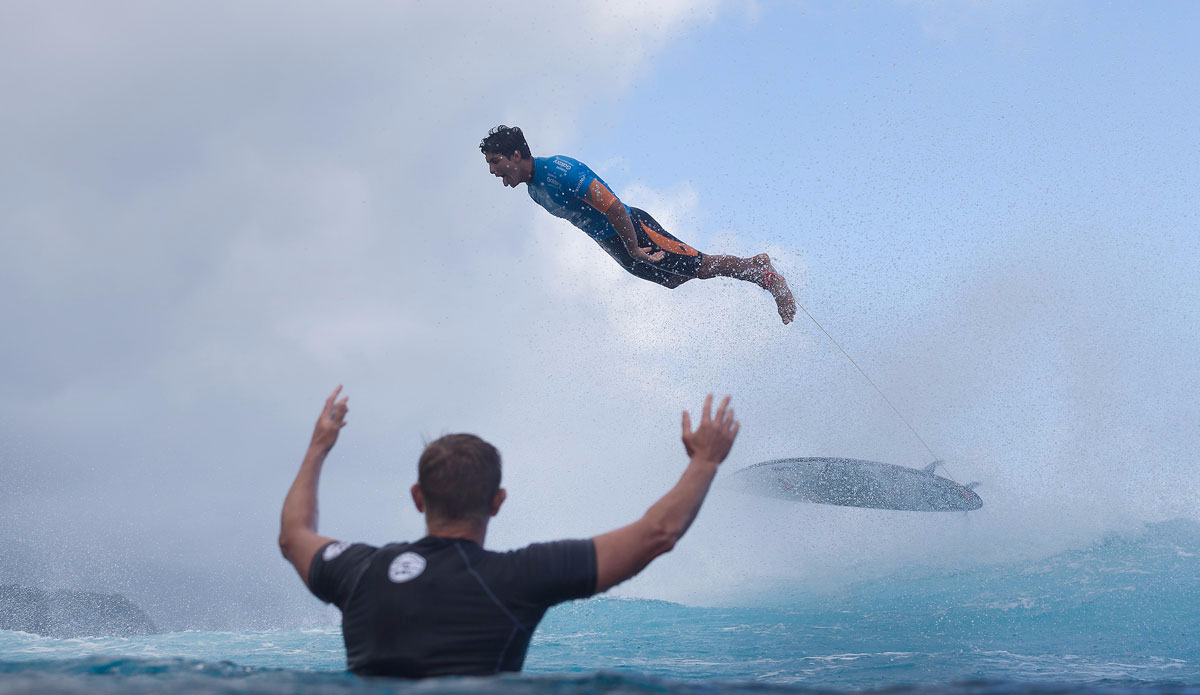 Reigning WSL World Champion and defending event winner Gabriel Medina of Maresias, Sao Paulo, Brazil (pictured) soars through the air after completing a perfect 10 point ride during Round 4 of the Billabong Pro Tahiti. Photo: <a href=\"https://www.worldsurfleague.com/\">WSL</a>/<a href=\"https://instagram.com/kc80/\">Cestari</a>