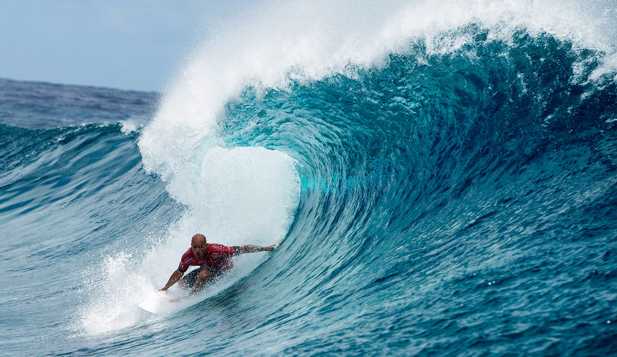 elly Slater of Cocoa Beach, Florida, USA (pictured) winning in Round 4 of the Billabong Pro Tahiti with a heat total of 16.60 points (out of a possible 20.00) which included a near perfect 9.77 point ride (out of a possible 10.00) to advance in to the Quarter Finals at Teahupoo, Tahiti. Photo: <a href=\"https://www.worldsurfleague.com/\">WSL</a>/<a href=\"https://instagram.com/kc80/\">Cestari</a>