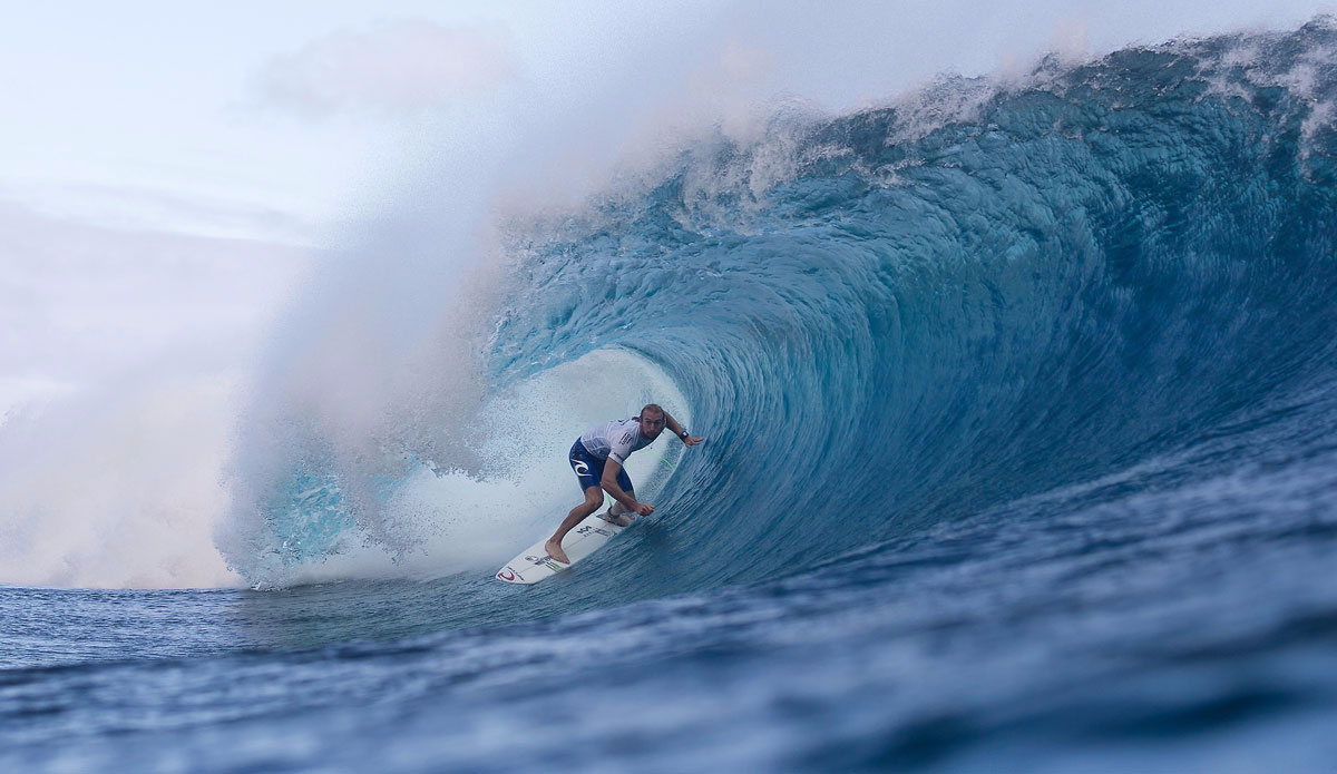 Owen Wright of Culburra Beach, New South Wales, Australia (pictured) winning in Round 4 of the Billabong Pro Tahiti with a heat total of 14.84 points (out of a possible 20.00) to advance in to the Quarter Finals at Teahupoo, Tahiti. Photo: <a href=\"https://www.worldsurfleague.com/\">WSL</a>/<a href=\"https://instagram.com/kc80/\">Cestari</a>