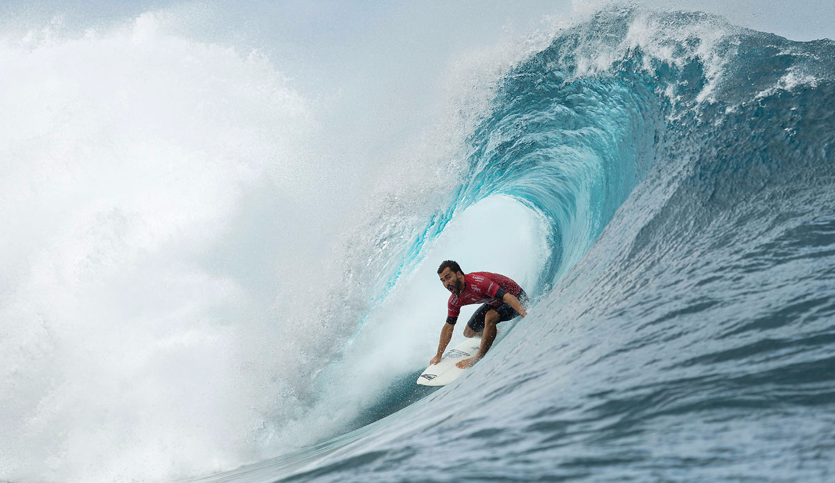 Aritz Aranburu of the Basque Country of Spain (pictured) finished equal 9th in the Billabong Pro Tahiti after being defeated by Jeremy Flores (FRA) in Round 5 at Teahupoo on 25 August 2015. Photo: <a href=\"https://www.worldsurfleague.com/\">WSL</a>/<a href=\"https://instagram.com/kc80/\">Cestari</a>