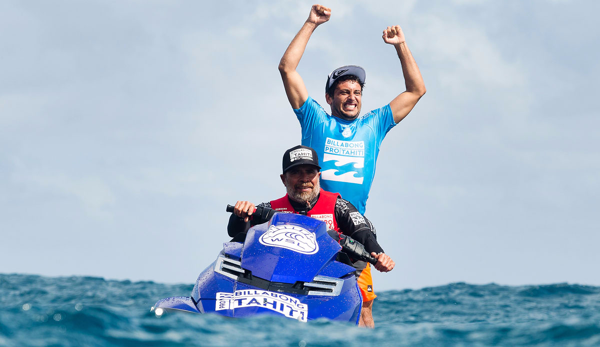 Jeremy Flores of Capbreton, France (pictured) won the Billabong Pro Tahiti by defeating reigning WSL World Champion and defending event winner Gabriel Medina (BRA) in the final at Teahupoo on 25 August 2015. Photo: <a href=\"https://www.worldsurfleague.com/\">WSL</a>/<a href=\"https://instagram.com/kc80/\">Cestari</a>
