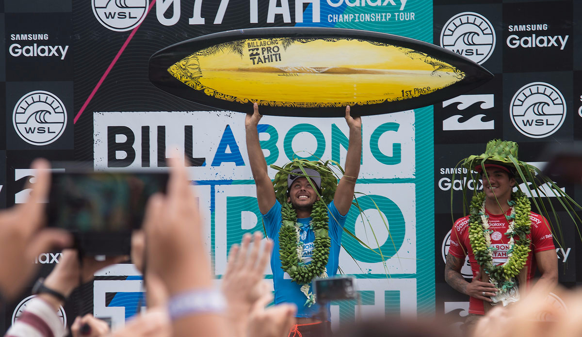 Jeremy Flores of Capbreton, France (pictured) won the Billabong Pro Tahiti by defeating reigning WSL World Champion and defending event winner Gabriel Medina (BRA) in the final at Teahupoo on 25 August 2015. Photo: <a href=\"https://www.worldsurfleague.com/\">WSL</a>/Robertson