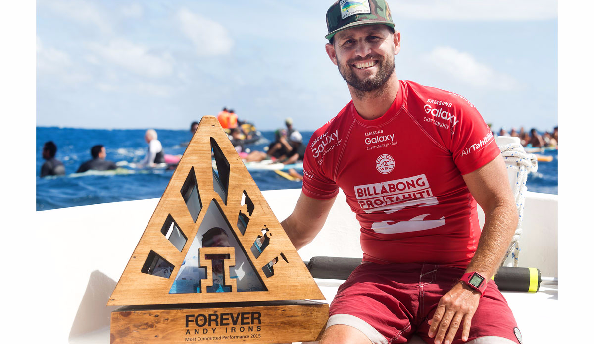 C.J. Hobgood of Melbourne, Florida, USA (pictured) finished equal third in the Billabong Pro Tahiti after being defeated event winner Jeremy Flores (FRA) in the semi-finals at Teahupoo on 25 August 2015.  Hobgood was awarded the Andy Irons award for the most committed performance throughout the event. Photo: <a href=\"https://www.worldsurfleague.com/\">WSL</a>/<a href=\"https://instagram.com/kc80/\">Cestari</a>
