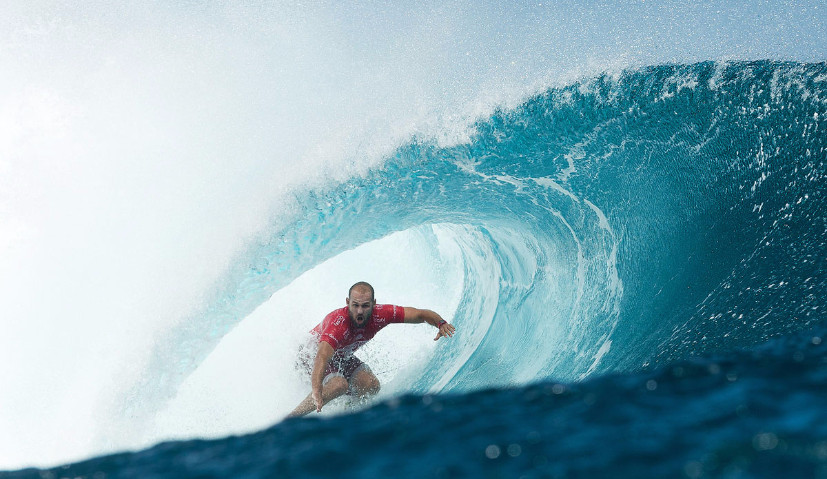C.J. Hobgood of Melbourne, Florida, USA (pictured) finished equal third in the Billabong Pro Tahiti after being defeated event winner Jeremy Flores (FRA) in the semi-finals at Teahupoo on 25 August 2015.  Hobgood was awarded the Andy Irons award for the most committed performance throughout the event. Photo: <a href=\"https://www.worldsurfleague.com/\">WSL</a>/<a href=\"https://instagram.com/kc80/\">Cestari</a>