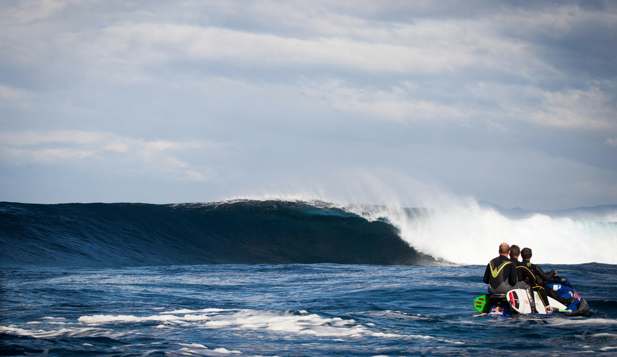 Mark Mathews, Ryan Hipwood, and Spence Hornby wait for an orca to clear the lineup before returning to glassy stern. Photo: <a href=\"https://extractcontent.tumblr.com\">Alasdair Shurman</a>
