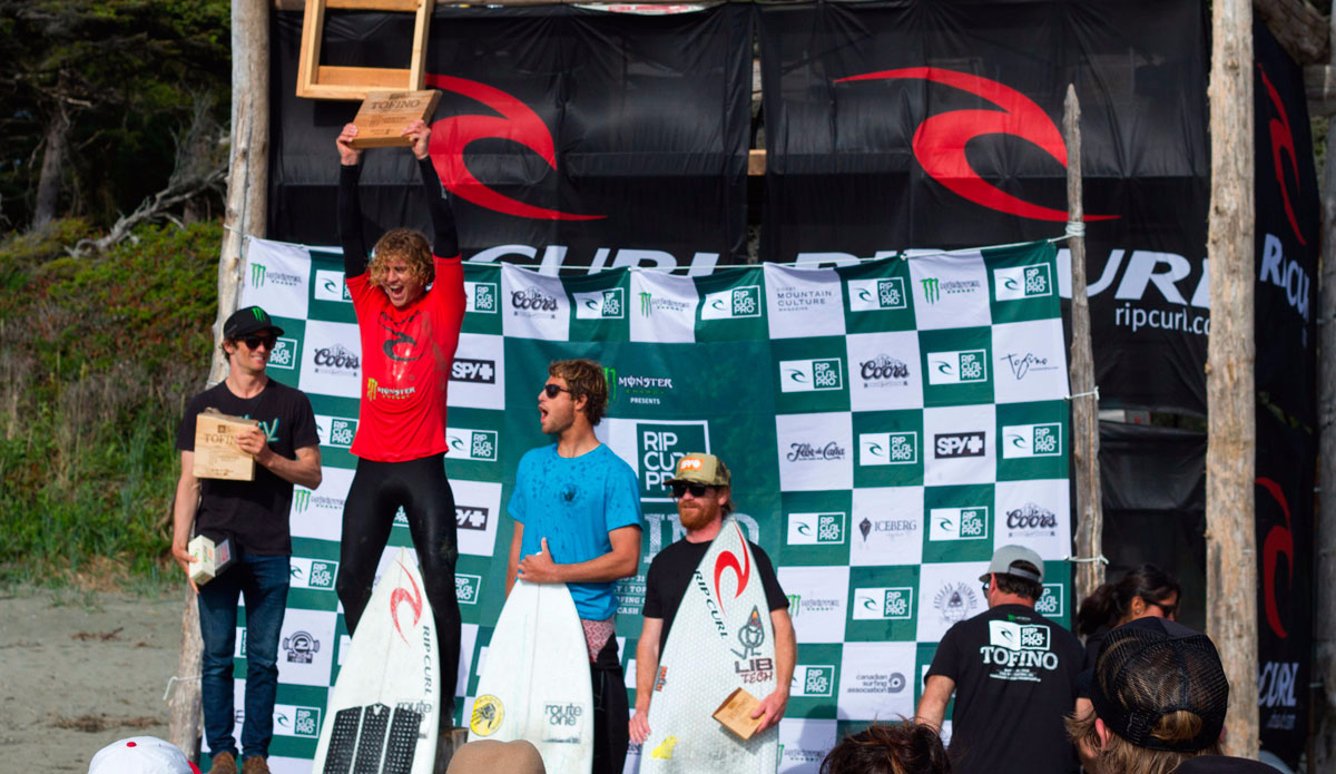 Mens Pro podium with Noah Wegrich, Pete Devries, Dane Anderson and Ben Murphy. Photo: Lucas Murnaghan/<a href=\"https://surfthegreats.org/\">Surf The Greats</a>