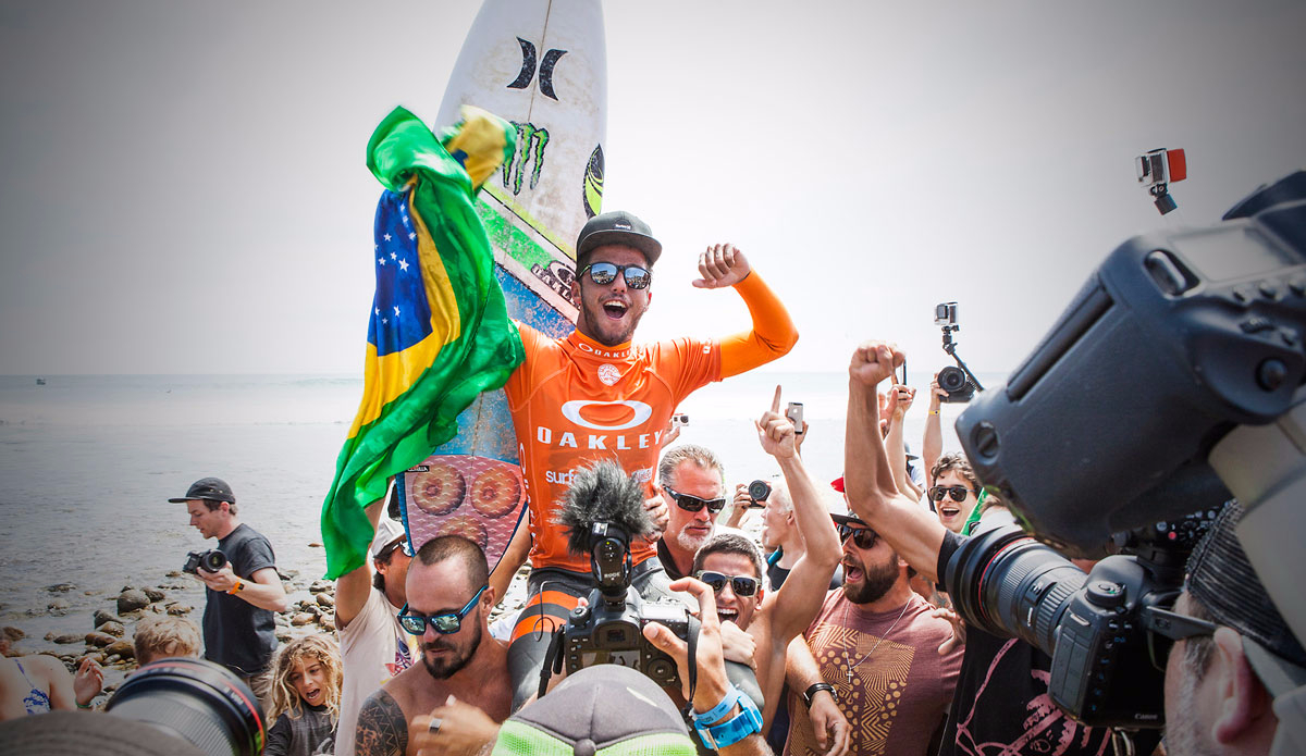 Filipe Toledo (pictured) winning the Oakley Lowers Pro, the first World Surf League (WSL) QS10000 of the 2015 season, after defeating Jeremy Flores (FRA) in a hard-fought 35 minute Final in building 3-to-5 foot surf in San Clemente, California, USA on Saturday May 2, 2015. Photo: <a href=\"https://www.worldsurfleague.com/\"> WSL / Rowland</a>