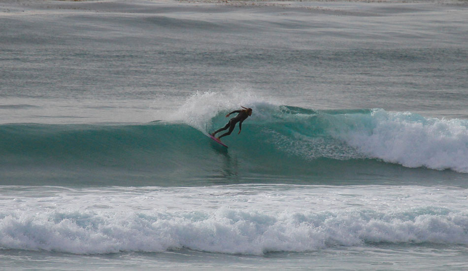Sunday the swell had dropped a bit but the conditions were flawless all day long. Rob Machado’s smooth style is matched by smooth conditions on an unnamed reef in North County. Believe it or not, there were only four people surfing this break!