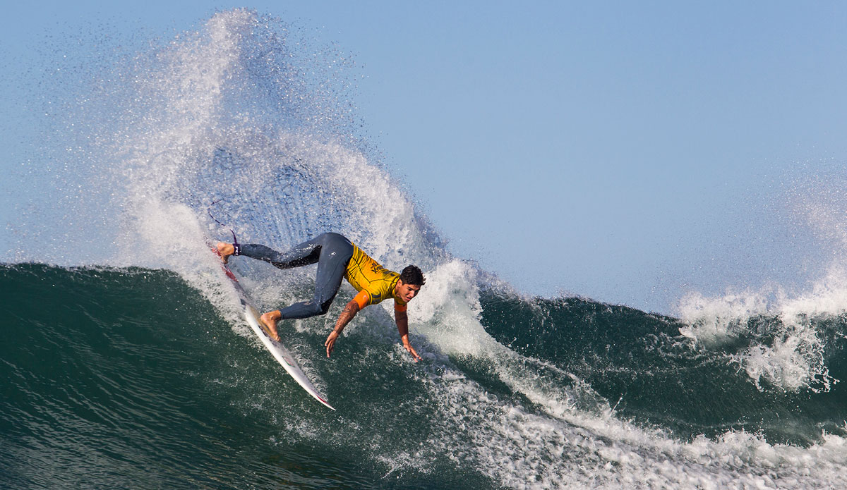 ASP Ratings leader Gabriel Medina of Brazil won his Round 2 heat, advancing into Round 3 at the Hurley Pro Trestles on Tuesday September 16, 2014. Medina defeated fellow countryman Raoni Monteiro (BRA) posting a 13.83 two-wave heat total (out of 20.00) to Monteiro’s 9.94. Photo: <a href=\"https://www.aspworldtour.com/\">ASP/</a>Rowland