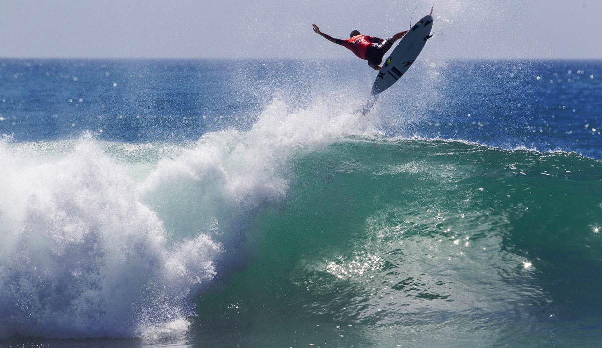 Brazil\'s Filipe Toledo launched and landed the best aerial of the Hurley Pro Trestles thus far, scoring a near-perfect 9.83 to eliminate Australia\'s Adam Melling. Toledo will now match-up against fellow Brazilian Adriano De Souza in Round 3 of competition.  Photo: <a href=\"https://www.aspworldtour.com/\">ASP/</a>Rowland