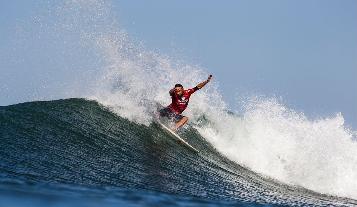 Current ASP World No. 4 Michel Bourez of Tahiti (pictured) won his Round 1 bout at the Hurley Pro Trestles over Brazil\'s Filipe Toledo and France\'s Jeremy Flores in the closest heat of the day. Bourez will now skip Round 2 and advance directly into Round 3 of competition.  Photo: <a href=\"https://www.aspworldtour.com/\">ASP</a>