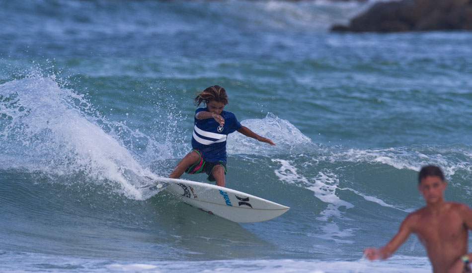 I have known this little dude since he was two days old. His knowledge of the ocean and surf technique is like a seasoned veteran. Shane and Sofia, Noah\'s parents are filled with love and soul, which translates into Noah\'s sparky personality. Here he takes a chip off the old block. Photo: <a href=\"https://tupat.posterous.com/\" target=\"_blank\">Patrick Eichstaedt</a>