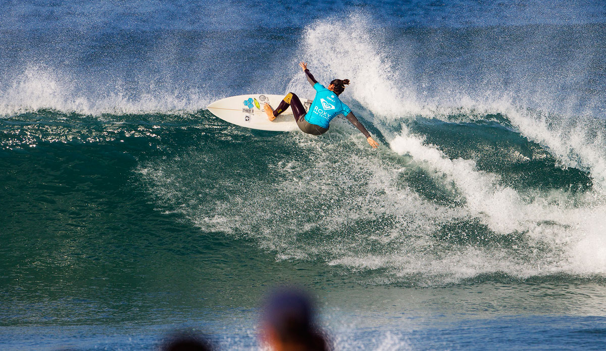 Johanne Defay of Reunion Island won her Round 4 heat at the Roxy Pro France advancing into the Quarterfinals. Defay defeated fellow countrywoman Pauline Ado (FRA) and took on Malia Manuel of Hawaii in the Quarterfinals. Photo: <a href=\"https://www.aspworldtour.com/\">ASP</a>/<a href=\"https://www.kirstinscholtz.com/\">Kirstin Scholtz</a>