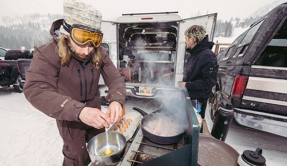 Jack Stevens and Cale Zima chefing up some pancakes and breakfast sandwiches in the Brighton parking lot.