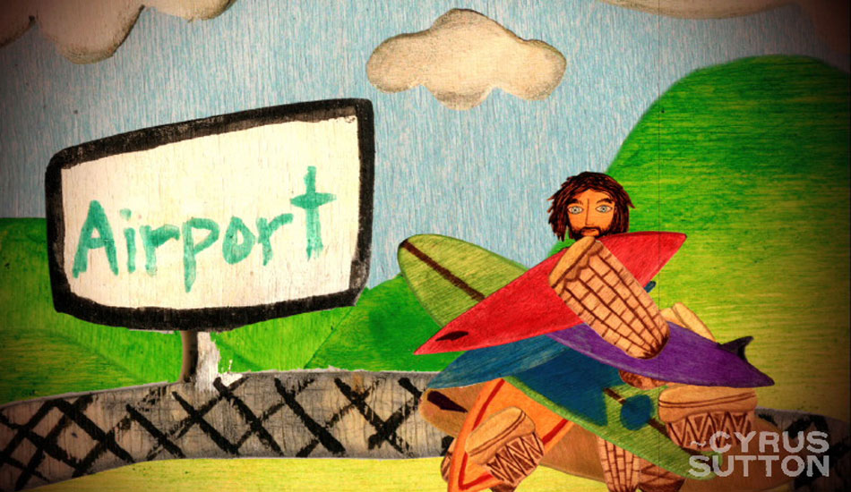 This is from a satirical animation I did about the difference between contest surfers and free surfers. Here the free surfer is at the airport buried in his quiver of tribal instruments and retro surfboards. Photo: <a href=\"https://www.korduroy.tv\" target=_blank>Cyrus Sutton</a>.