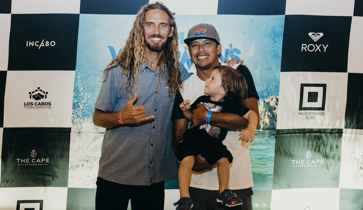 Rob Machado and Diego Cadena pose for a photo op before Tim Curran\'s rooftop concert. Photo: <a href=\"https://www.swelldani.com/\"> Daniela Fernandez </a>