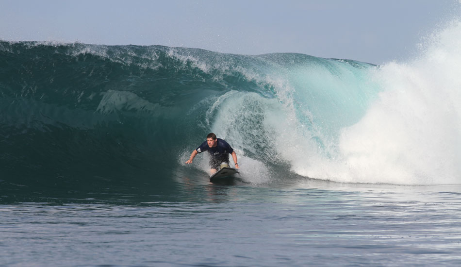 Ian Lyon from Atoll Travel in Australia @ GT’s in the Telo Islands.  This was the heaviest wave we surfed in the Telos.  The Telo islands have dozens of breaks of all sorts; like all locations, you get what you get depending on swell, wind and tides.  I think we did really well.