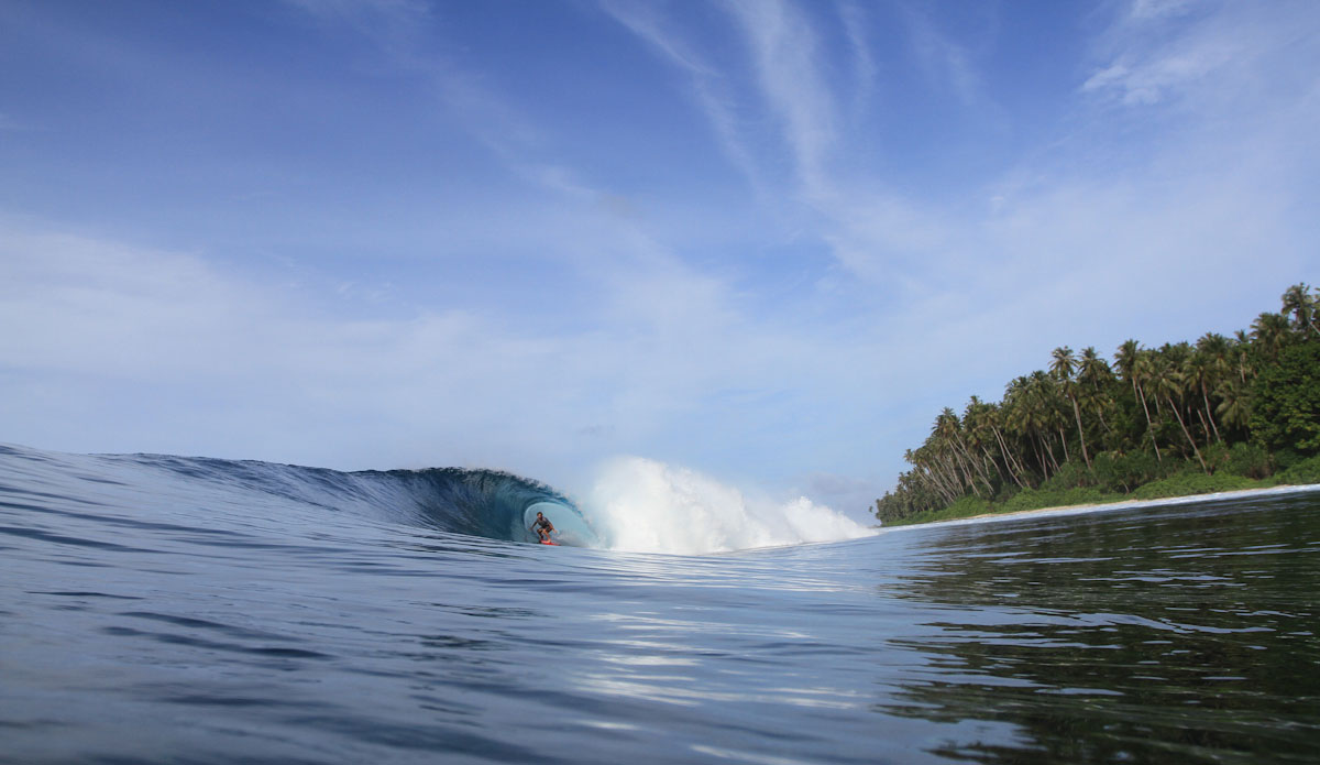 Tropical blue water, green trees and clear skies... and let\'s throw in some perfect barrels. Photo: Brian Blank