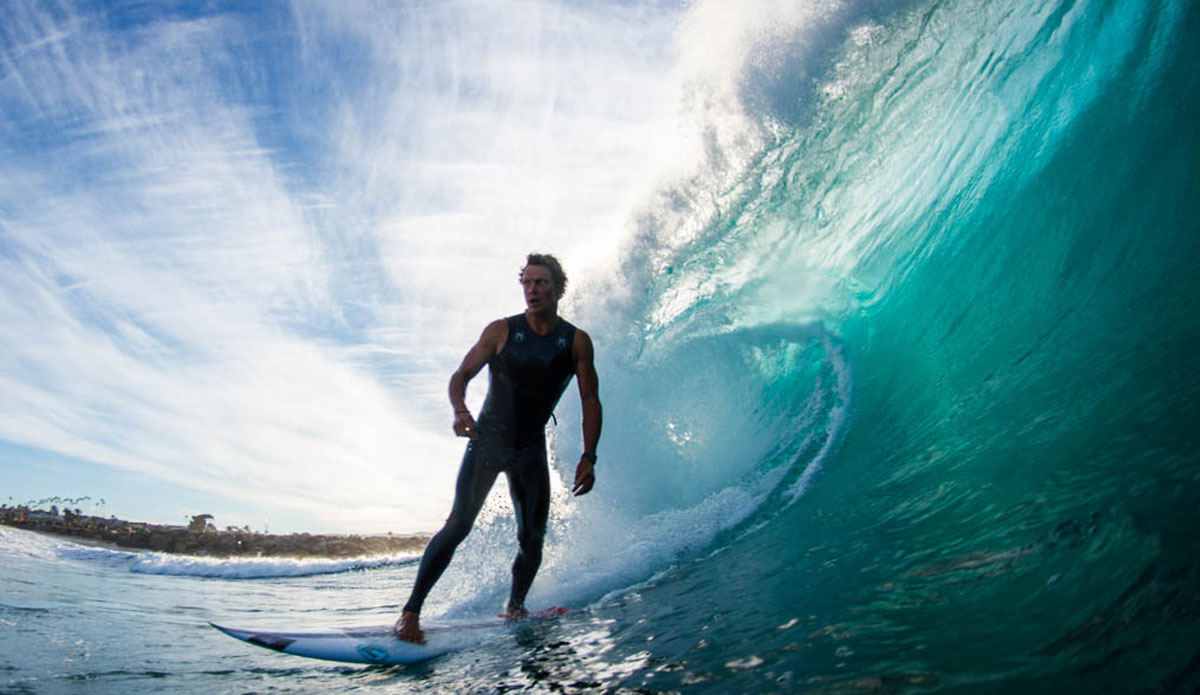 Tommy Cantrell standing tall during his descent from the top of the Wedge peak. Photo: <a href=\"https://www.facebook.com/LukeForgayPhoto\">Luke Forgay</a>