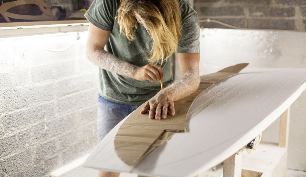 \"My cardboard templates are anything but pro, but they have the curves I like. I always end up changing little bits on each board anyway, so I don\'t really expect them to be flawless. Normally, I leave that bit up to what I\'m feeling through the planer as it moves along the curve of the board.\" Photo: <a href=\"https://instagram.com/whalebones\"> Mark Rose</a>