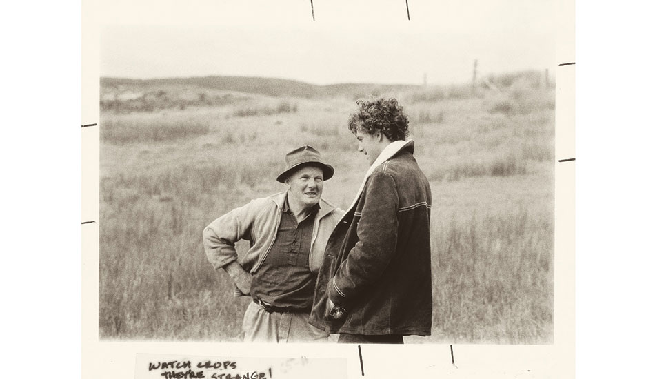 Rolf and the farmer at Johanna – 1970
The finals of the World Championships in Victoria were moved from Bells Beach because of the lack of surf. Johanna was an idyllic dairy farming area. This was Rolf Aurness (who won the contest) with one of the locals. Photo: Witzig