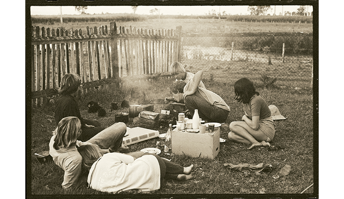 The Wilderness barbecue 1969
The Wilderness surfboard factory was in the sugar cane fields (and swamp) inland from Angourie. This was dinner one night.
 Photo: <a href=\"https://www.johnwitzig.com.au/\">John Witzig</a>