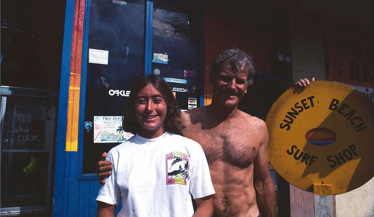 Apologies to the women whose profiles got cut: Makani Adric, Sarah Gerhardt (?!), Florencia Gomez-Gerbi, Rachel Pettit, Nancy Hastings and this gal, Karen Gallagher. This is Karen with her uncle Fred van Dyke, back in the Sunset Surf Shop days. Business was a struggle then, but now that the North Shore is like Fisherman’s Wharf, Karen would probably be raking in $5000 a day selling t-shirts. Hopefully Women Who Surf will be so insanely popular, there will be immediate demand for a sequel. Photo: Gordinho.