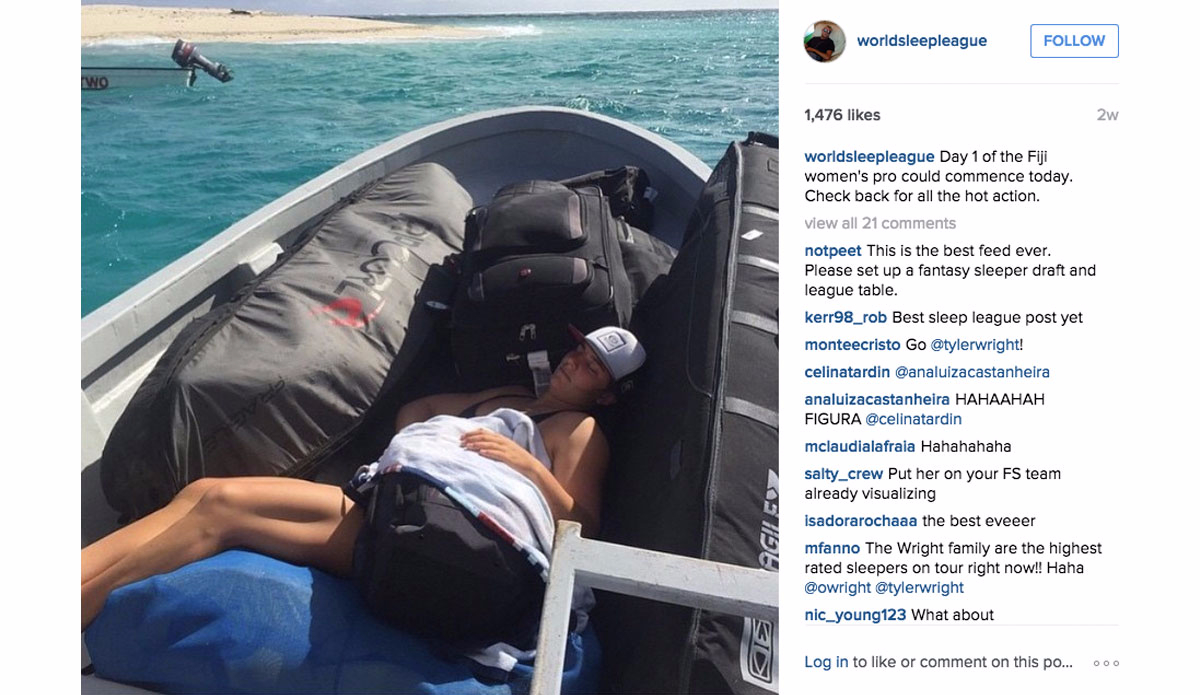 Tyler Wright pulling up to Mattress Reef. Photo: <a href=\"https://instagram.com/worldsleepleague/\">Instagram@worldsleepleague</a>