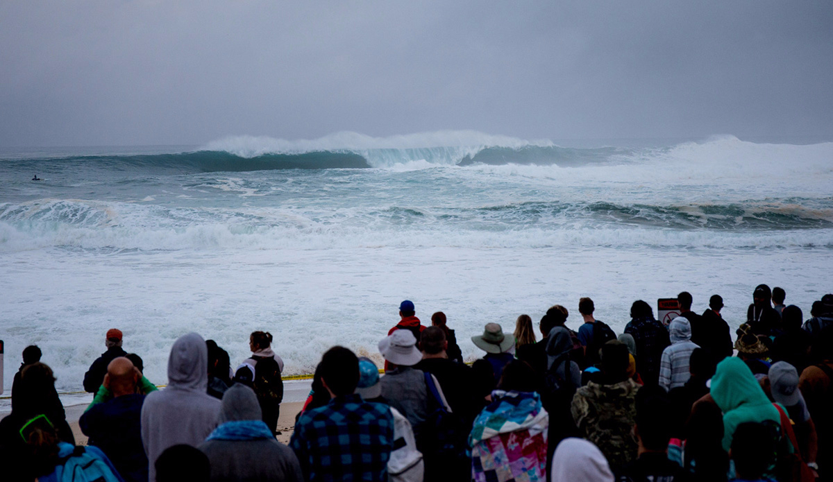 Crowds gather to witness Waimea Bay roar to life at 45- 55ft as the Quiksilver In Memory of Eddie Aikua is called ON, on Thursday February 25, 2016. Photo: : © WSL/ Heff