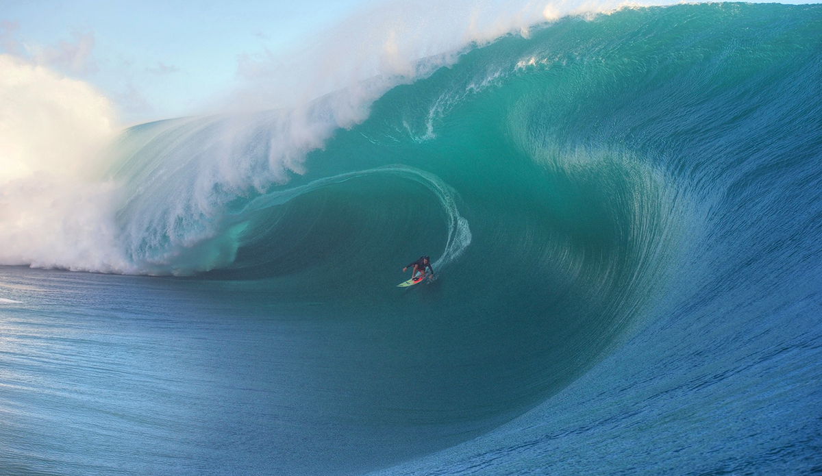 Keala Kennelly (Haleiwa, Hawaii, USA) rides the biggest tube ever challenged by a woman surfer at Teahupoo, Tahiti on July 22, 2015. The image is an entry in the 2016 WSL Big Wave Awards.  Exceptionally large surf has been experienced worldwide in 2015. Photo: WSL/Tim McKenna 