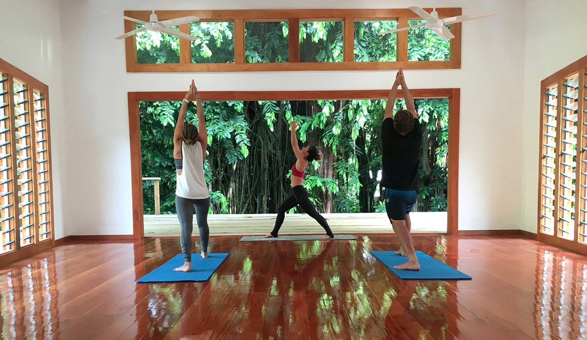 Most everyday in between surf sessions Dane and Bruna got to stretch it out at a world class yoga studio under the instruction of an internationally renounwn teacher. Kristen Wang. Photo: Ricky Lesser