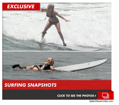 Lady Gaga surfs. "Stars! They're just like us." Photo: TMZ/SplashOnline.com Lady Gaga Surfs Mexico Bikini
