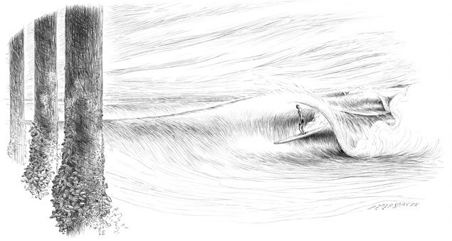 An artistic rendering of Nick Gabaldon's last wave at the Malibu Pier. Gabaldon is credited with being the first documented African American surfer. Art: Peter Spacek An artistic rendering of Nick Gabaldon's last wave at the Malibu Pier. Gabaldon is credited with being the first documented African American surfer. Art: Peter Spacek