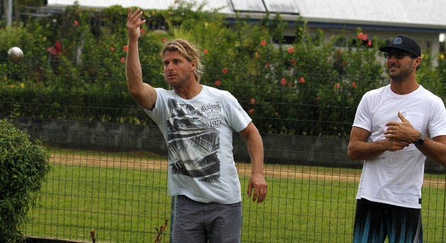 The question, here, is a simple one: Should Mark Occhilupo be slotted into the roster for Bells based on the fact that he is a much-loved surfing institution and a few surf technologists know how to use hash tags? I’m leaning towards “no.” Photo: ASP Mark Occhilupo playing Bocce Ball Bells Beach