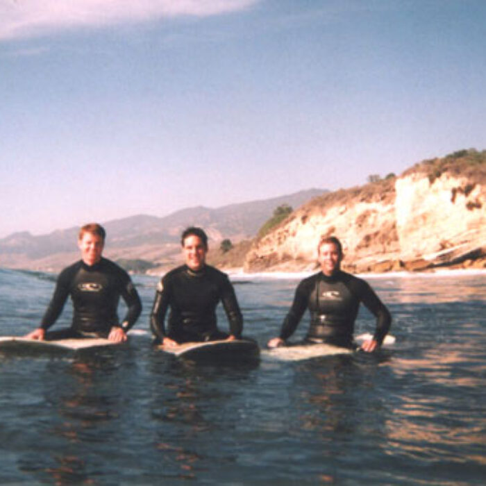Justin, me and Scott at our spot, somewhere north of Santa Barbara, probably in 2003. This is the best day we've ever had there - crystal-clear water on a Fall day and the surf was waist-to-chest high, peeling right for 100 yards from the reef to the sand. Besides the guy who took our photo, we were the only ones out.
