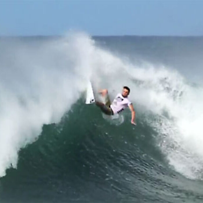 A frame grab from Dane Reynolds' layback heard round the world at the Reef Hawaiian Pro at Haleiwa.