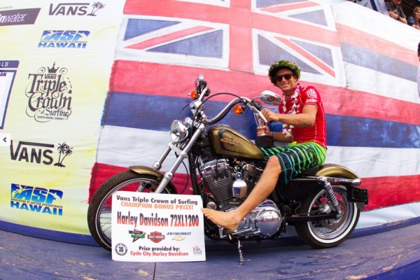 Sebastian Zietz claimed a Harley along with his cash prize for winning the 2012 Vans Triple Crown of Surfing. Image: ASP/ Kirstin Sebastian Zietz claimed a Harley along with his cash prize for winning the 2012 Vans Triple Crown of Surfing. Image: ASP/ Kirstin