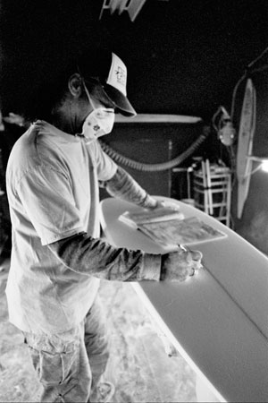 Rowley After a few hours, my surfboard was done. I shook his dust covered hand and told him I thought it was great that he was able to create something so pretty for a living. He looked at me, his voice muffled though his dust mask, his eyes smiling above it. “I’m really lucky to do it because that’s all I want to do, you know?” Photo: Emma Palm