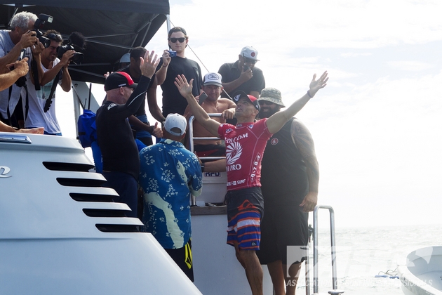 Kelly Slater celebrates his win in FIji. Photo: ASP/Kirstin Kelly Slater celebrates his win in FIji. Photo: ASP/Kirstin