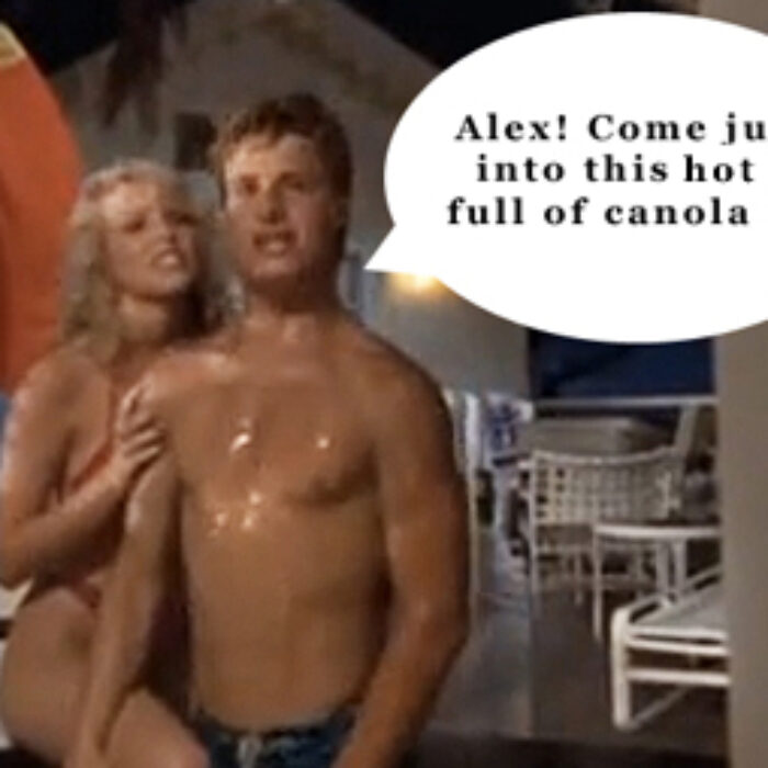 "Alex, come jump in with us!" Occy calls through his greasy shimmer, his voice riddled with poorly-hidden passion. The scene moves on with Rick ignoring him and running down to the sea. "We had a connection," he mumbles into the tub full of hot oil.