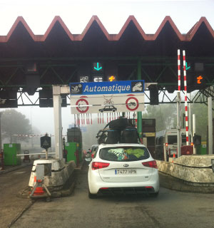"When you’re in Europe, it’s much easier to rent a car for the whole time." All packed up, crossing the border from Spain into Portugal.