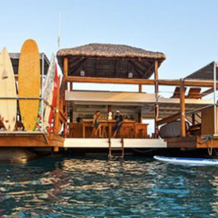Cloud 9, the floating venue moored just off Cloudbreak. Photo: Cloud 9