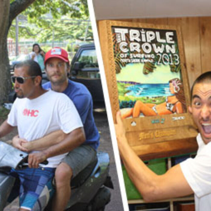 We’re Al and Ted. We've decided to cover the Billabong Pipeline Masters by taking photos of cock chasing, James Franco, and the newest Triple Crown champion, Ted.