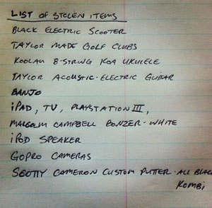 Kelly's list of stolen items from last year's robbery.