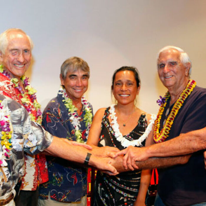 Ricky Grigg, Peter Cole, Gerry Lopez, Anna Trent Moore, george Downing, and Kimo Hollinger. Photo: Shuzo Uemoto/Courtesy of Honolulu Museum of Art