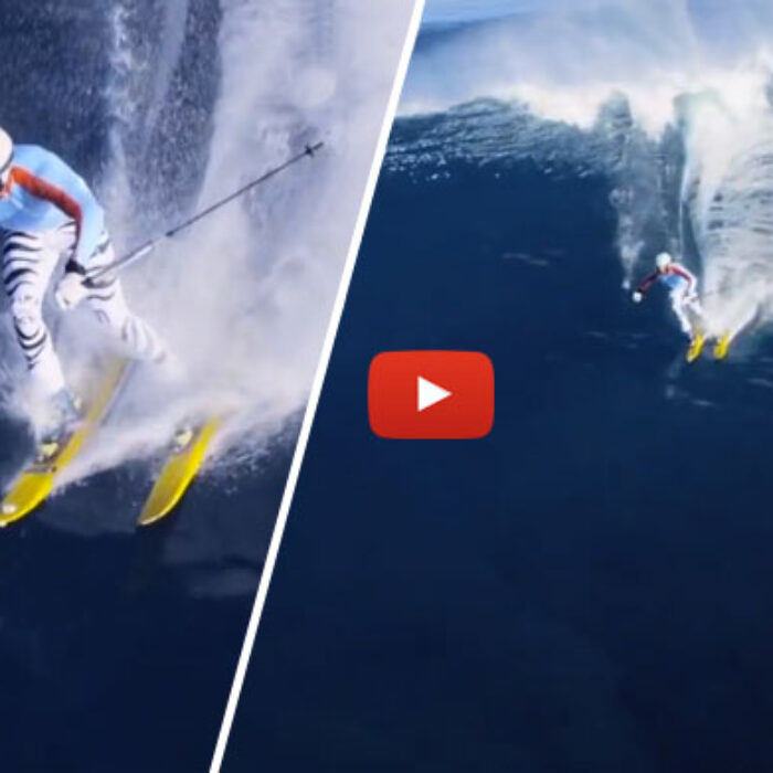 Apparently, though, spandex is also necessary when you're surf skiing (is that what this is called?) at Jaws. Chuck Patterson donned his tightest and whitest (with zebra stripes!), strapped on his ski boots, and picked up his ski poles (seems unnecessary, but I've never surf skied Jaws)