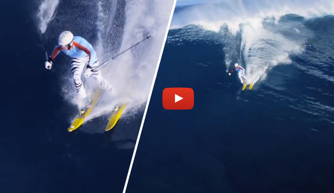 Apparently, though, spandex is also necessary when you're surf skiing (is that what this is called?) at Jaws. Chuck Patterson donned his tightest and whitest (with zebra stripes!), strapped on his ski boots, and picked up his ski poles (seems unnecessary, but I've never surf skied Jaws)