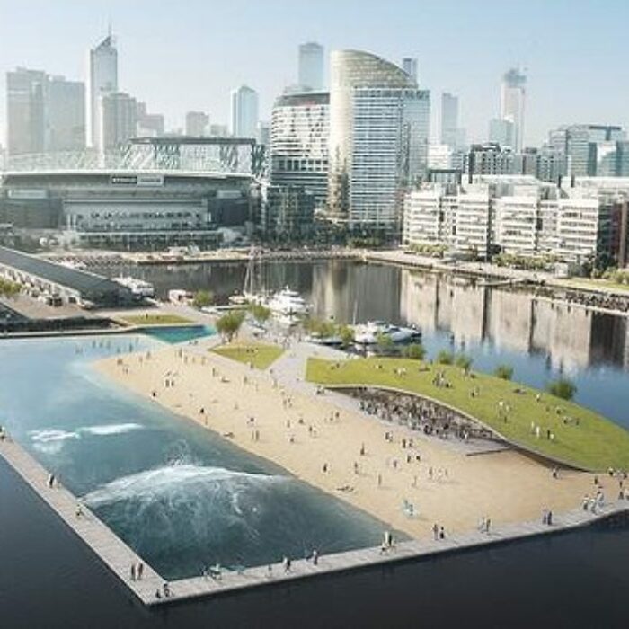 An artist's impression of the floating wave pool. Source: Damian Rogers Architecture, Arup and Squint/Opera