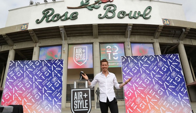 Shaun White taking questions at the always-sunny Rose Bowl in Pasadena. Photo: Air + Style
